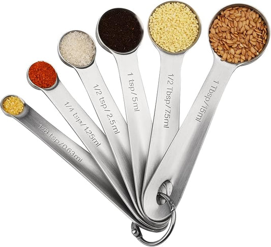 Viwehots Measuring Spoons Set 6 with Flat Bottom, 18/8 Stainless Steel Measuring Spoons Set for Dry & Liquid, Metric & US Markings Measuring Tools for Kitchen & Baking