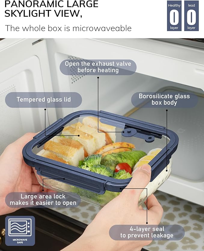 BOROHOUSE 5-Pack Borosilicate Glass Containers with Tempered Lids, 35.2oz/4.4 Cup Airtight Meal Prep Set, Microwave/Freezer Safe (Blue)