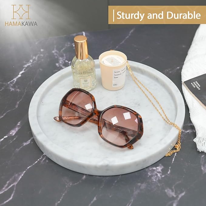 HAMAKAWA Natural Marble Bathroom Vanity Tray, Large Round Sink Tray 9.5 inch, Carrara White Limestone Dresser Tray, Modern Countertop Organizer for Soap Dispenser, Kitchen Counter, Home Decor