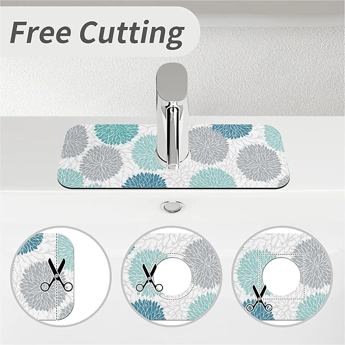 Kitchen Sink Splash Guard，Turquoise and gray flowers Faucet Mat Sink Gadgets-Super Absorbent Fast Drying Mat Drip Catcher for Kitchen, Bathroom,Sink Mat, Dish Drying Mat, Bathroom(15" X 5.5" )