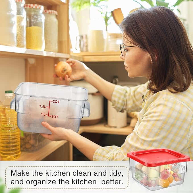 Suclain 2 Pcs Square Food Storage Container Polycarbonate Clear Food Container with Lid Commercial Rice Storage with Graduations for Commercial Kitchen(2 Qt,Red)