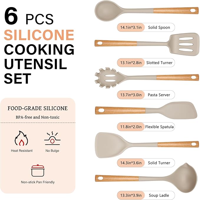 Hvygss Silicone Cooking Utensils Set, Heat Resistance Large Kitchen Utensils Set with Long Wooden Handle, BPA-free Silicone Spatula, 6 Pcs Cooking Spoons for Non Stick Frying Pans and Pots(Khaki）