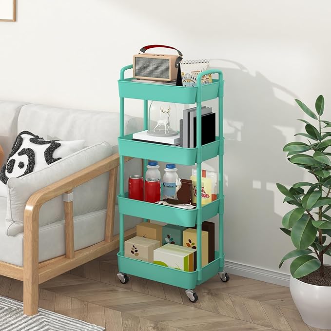 Sywhitta 4-Tier Plastic Rolling Utility Cart with Handle, Multi-Functional Storage Trolley for Office, Living Room, Kitchen, Movable Storage Organizer with Wheels, Green
