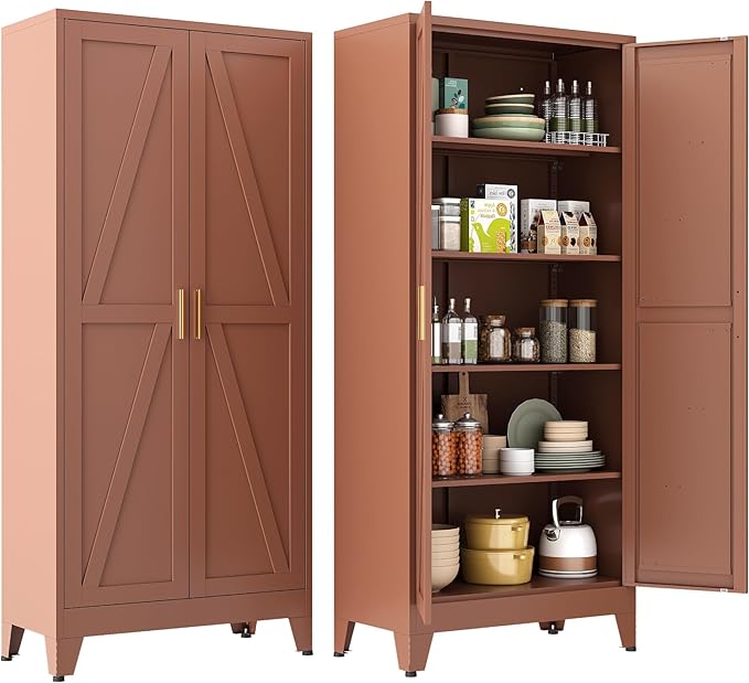 YAUWOH 71''Metal Cabinet with 4 Adjustable Shelves,5-Tier Pantry Storage Cabinet,Kitchen Pantry Cabinet for Living Room,Dining Room, Antique Copper