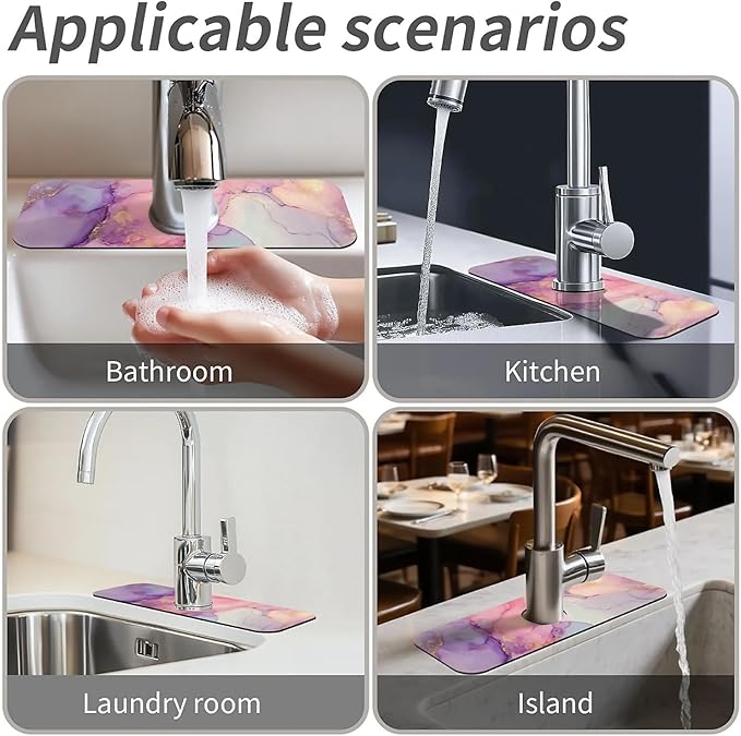 Kitchen Sink Splash Guard，Pink purple marble Faucet Mat Sink Gadgets-Super Absorbent Fast Drying Mat Drip Catcher for Kitchen, Bathroom,Sink Mat, Dish Drying Mat, Bathroom(15" X 5.5" )