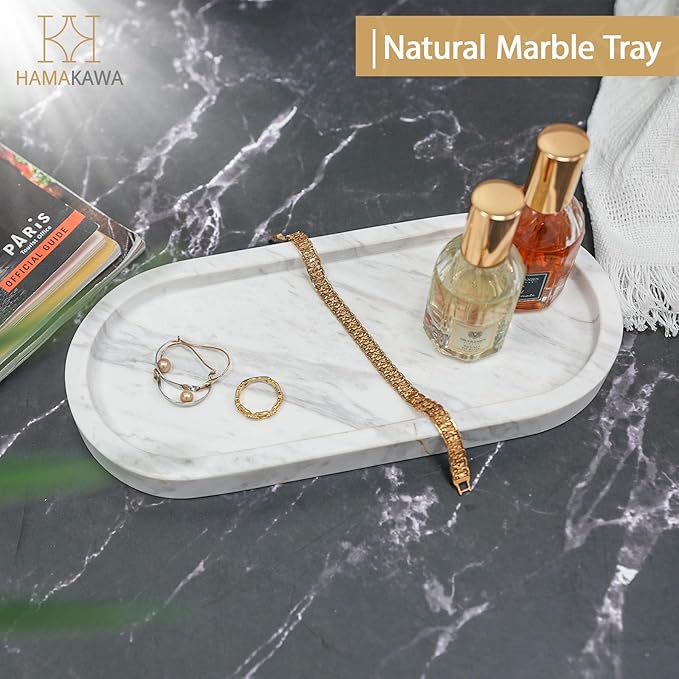 HAMAKAWA Oval Bathroom Vanity Tray, Large Natural Marble Sink Tray 10 inch, Volakas White Stone Soap Trays, Modern Perfume Trays, Countertop Organizer for Kitchen, Coffee Table, Home Decor