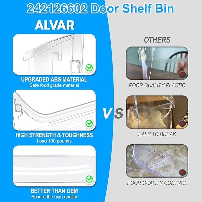 [2 PACK] UPGRADED 242126602 Refrigerator Door Bin Shelf Replacement For Frigidaire Door Shelf Replacement -LFSS2612TF0 LFSS2612TF4 Frigidaire Door Bin Bottom Shelf Parts 2421266 PS12364199 Shelves