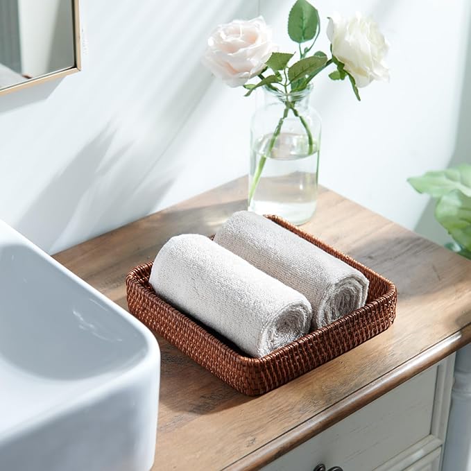 Rattan Serving Tray, Rectangular Woven Tray, Natural Wicker Decorative Serving Baskets for Organizing Tabletop Bathroom Kitchen Counter (Dark Brown)