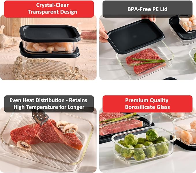 EATEX 14 Pack Glass Meal Prep Containers with Grooved Base, 14 Stackable BPA Free Glass Storage Containers with Lids for Lunch, Pantry, and Kitchen - Microwave, Dishwasher Freezer & Oven Safe - Black