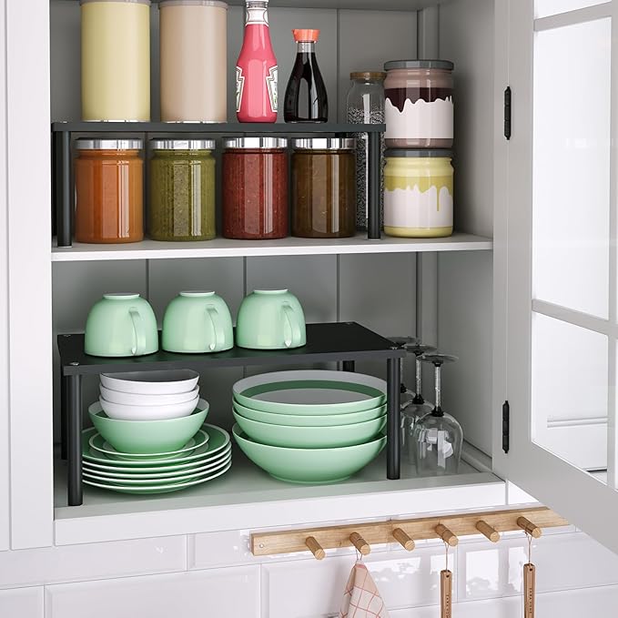 VERTORGAN Cabinet Organizer Shelf(Set of 2),Kitchen Counter Shelves,Bamboo Spice Rack Countertop and Cabinet,Stackable Expandable,Large(Black)