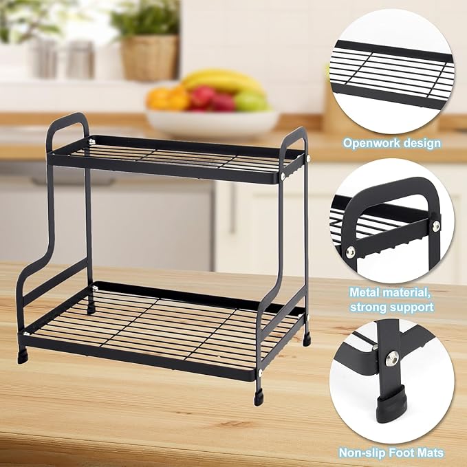 Jofuas 2-Tier Metal Countertop Organizer – Standing Shelf for Bathroom and Kitchen Storage Under Sink, Organizing Cosmetics and Spices-Black