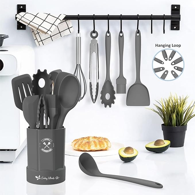 Silicone Kitchen Utensils Set, 16-Piece Silicone Cooking Utensils by Deedro, Heat Resistant Kitchen Tools Set with Holder, Nonstick Spatula Kitchen Gadgets for Cooking & Baking, Gray