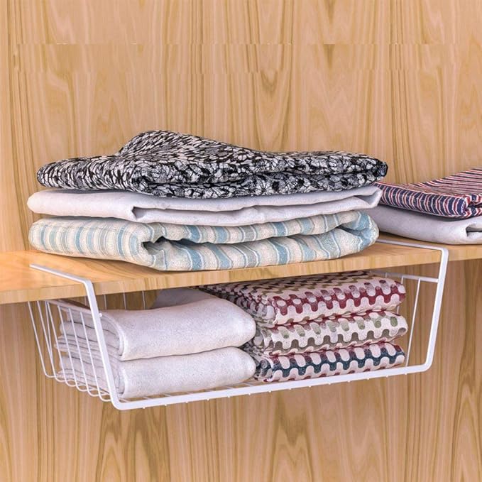 Modern Home Under Shelf Wire Storage Baskets – Hanging Organizer Rack for Cabinet, Pantry, or Closet – White Metal Basket for Kitchen, Towels, or Office – No Tools Required (Set of 2 15")