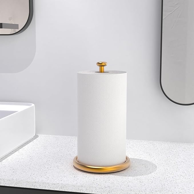 VEHHE Gold Paper Towel Holder Countertop with Weighted Base, One-Handed Tear Kitchen Towel Holder with Damping Function and EVA Non-Slip Pad for Bathroom