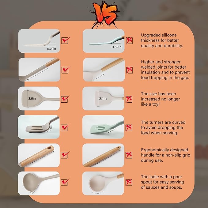 Hvygss Silicone Cooking Utensils Set, Heat Resistance Large Kitchen Utensils Set with Long Wooden Handle, BPA-free Silicone Spatula, 6 Pcs Cooking Spoons for Non Stick Frying Pans and Pots(Khaki）