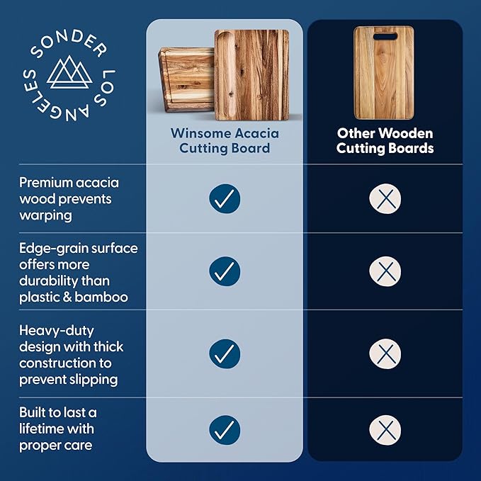 Sonder Los Angeles Winsome Acacia Wood Cutting Board | Acacia Edge Grain Cutting Board for Kitchen with Juice Groove & Sorting Compartment | Perfect for Charcuterie | Gift Box Included | 16x12x1.5 in