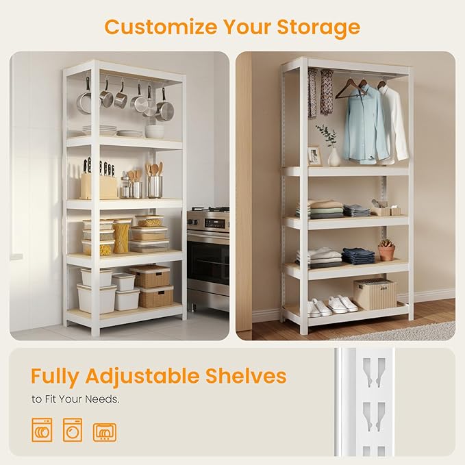 4 Tier Metal Shelves Unit, Adjustable Pantry Organizers and Storage Shelves, Shelving Unit for Closet with Clothes Rod, Storage Rack for Pantry, Laundry, Kitchen - White & Wood Color