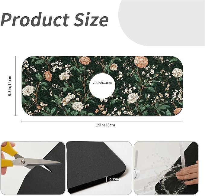 Kitchen Sink Splash Guard，dark green Garden Faucet Mat Sink Gadgets-Super Absorbent Fast Drying Mat Drip Catcher for Kitchen, Bathroom,Sink Mat, Dish Drying Mat, Bathroom(15" X 5.5" )
