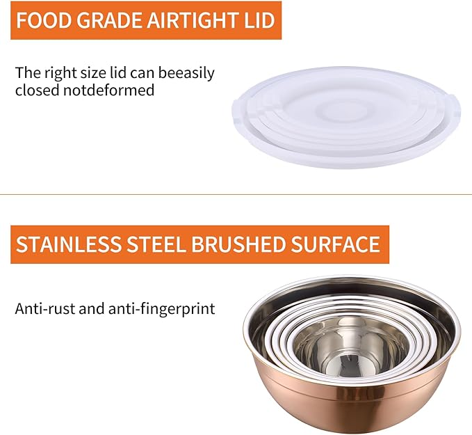Moxinox Rose Gold Mixing Bowls with Airtight Lids, Stainless Steel Nesting Mixing Bowls Set of 5, Ideal for Baking, Prepping and Serving Food, Size 5.5, 3.6, 2.7, 2.1, 1.5, QT, Stackable Design