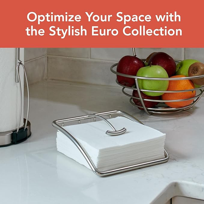Spectrum Euro Napkin Holder for Table Kitchen Organizer for Counter Dining Room Table, Modern Sturdy Metal Flat Napkin Dispenser with Weighted Tension Arm Home for Paper Cocktail Napkin, Satin Nickel