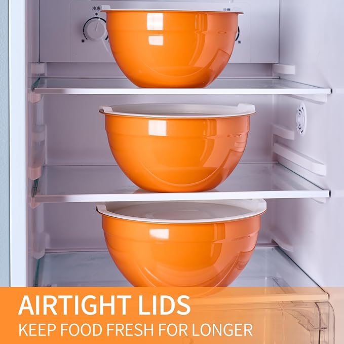 Moxinox Orange Mixing Bowls with Airtight Lids, Stainless Steel Nesting Mixing Bowls Set of 7, Ideal for Baking, Prepping and Serving Food, Size 7, 3.6, 2.7, 2.1, 1.5, 1.1,0.8 QT, Stackable Design