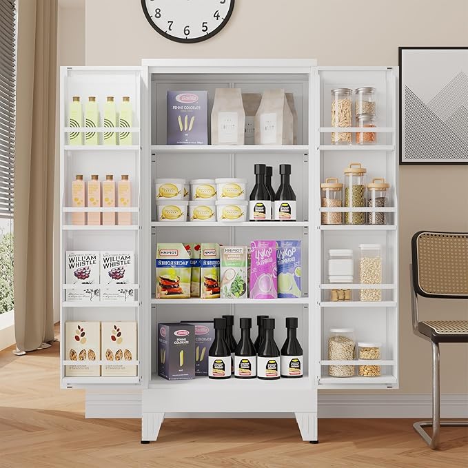 51" H Metal Kitchen Pantry Storage Cabinet,Storage Cabinets with Doors and Adjustable Shelves,Freestanding Food Pantry Cabinet Cupboard for Living Room,Dinning Room（White）
