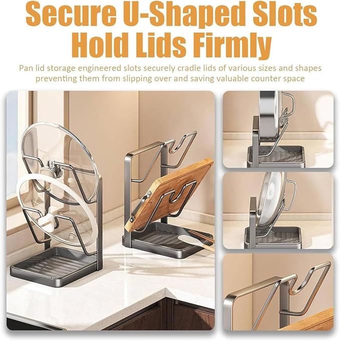 Pot Lid Holder with Spoon Rest, Kitchen Pot Lid Storage Rack with Removable Tray, Lid Holder While Cooking, Lid And Spoon Rest, Multifunctional Kitchen Organizer Stand for Countertop (Beige)