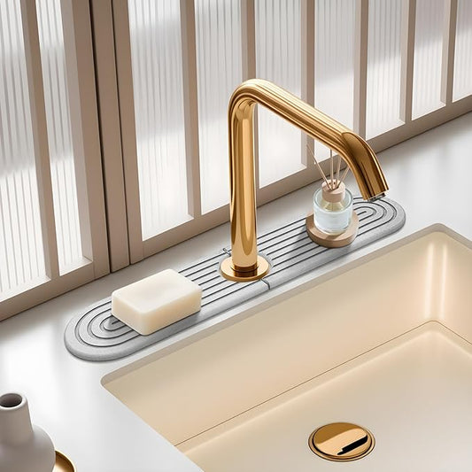 Diatomite Stone Faucet Mat For Kitchen Sink-Absorbent Fast Drying Stone Sink Tray,Faucet Splash Guard Counter,Quick Dry Sink Mat Around Faucet For Kitchen & Bathroom (Light Gray-Oval,15.7" x 4")
