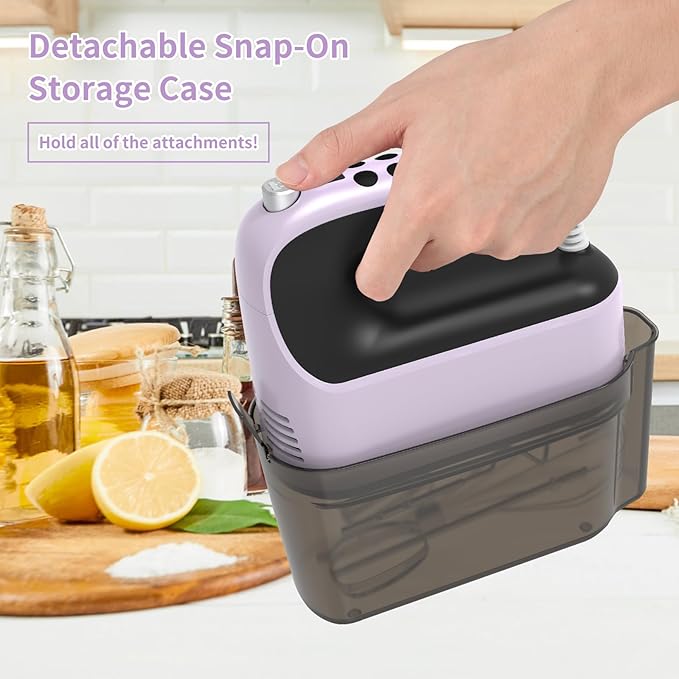Yomelo 9-Speed Digital Hand Mixer Electric, 400W Powerful DC Motor, Hand Mixer Electric Handheld with Snap-On Storage Case, 5 Stainless Steel Accessories, Beaters, Dough Hooks, Whisk(Purple/Black)