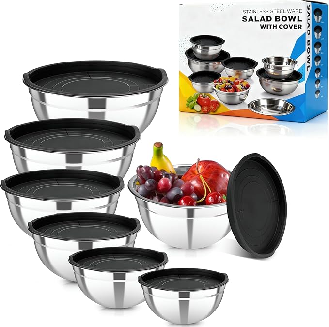 YJSLICT 7 Piece Stainless Steel Mixing Bowls with Lids Set, Metal Mixing Bowls Nesting Design Salad Bowl for Kitchen Cooking, Baking, Prepping and Serving Food (Size 0.7, 1.1, 1.5, 2.1, 3.5, 4, 4.5QT)