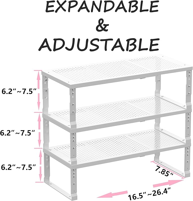 Asiingkel Metal Stackable Expandable Storage Shelf - Multi-Functional Home Storage Shelf, Suitable for Kitchen, Cabinet，Bathroom, Office, Garage, etc.（3PACKS/White/Medium