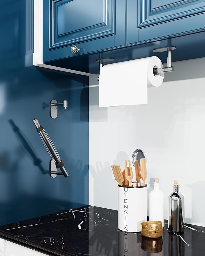 BATHDANCE Paper Towel Holder Under Cabinet, Single Hand Operable Roll Holder with Damping Effect,No Drilling or Wall Mounted SUS304 Stainless Steel for Kitchen Bathroom (Sliver)