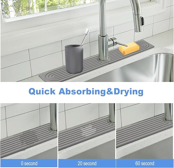 Stone Faucet Mat for Kitchen Sink- 23.6''x 3.9''Diatomite Fast-Drying Faucet Mat, Super Water Absorbing Stone Tray for Sink,Faucet Splash Guard for Bathroom Counter (Dark Gray)