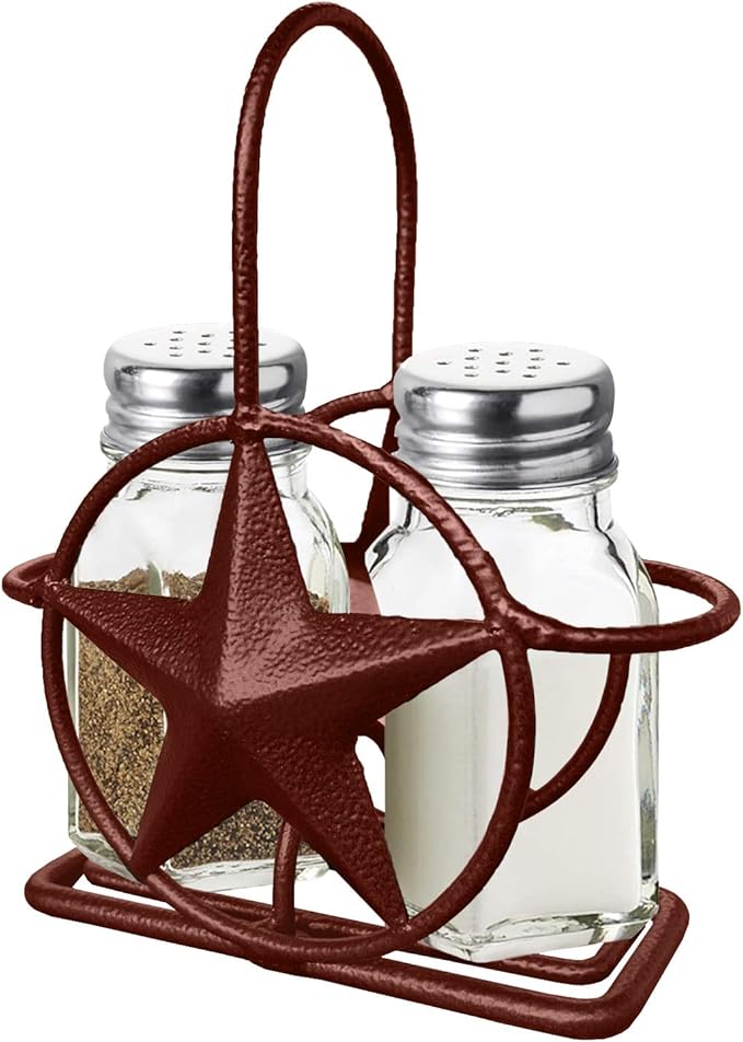 Brown Rustic Texas Star Paper Towel Holder, Napkin Holder, Salt and Pepper Shakers Holder, Country Farmhouse Iron Kitchen Counter Accessory Set Holders (Salt & Pepper Shaker Holder)