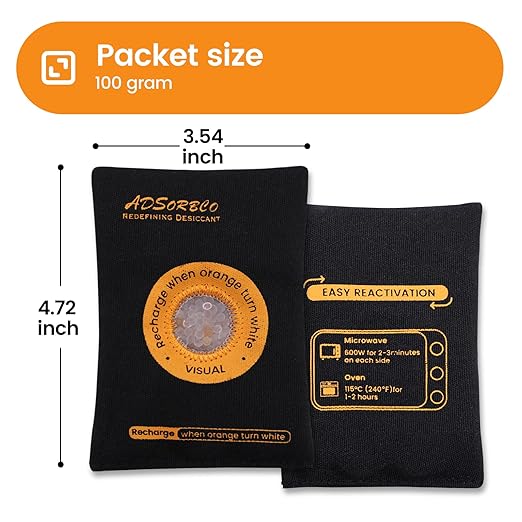 ADSorbco 100 Gram (5 Pack) Rechargeable Desiccant Packs for Storage, Rechargeable Silica Gel Packets, Color Indicating Desiccant Packs for Suitcase, Storage Bins, 3D Filaments, Electronics, Cars