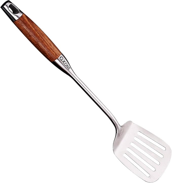 GXONE Metal Spatula,304 Stainless Steel Wok Spatula with Heat Resistant Wooden Handle,Silver/15.7Inch