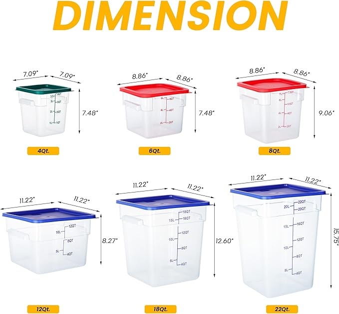 BIEAMA 4 Pack Food Storage Containers, 6 Quart with Lids, Square Commercial Containers with Scale, NSF, Polycarbonate, Clear