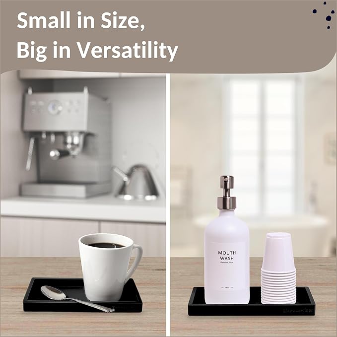 Spacewiser Countertop and Vanity Tray – Small 7.7” Silicone Tray, Soap Dispenser Trays, Bathroom Trays, Kitchen Soap Holder Sink Organizer Counter Caddy for Soaps Bottle Keys, Sponge Holder Dish Black