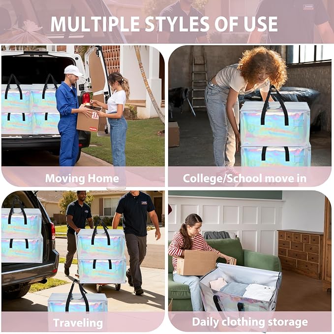 6 Pack Moving Bags Heavy Duty, Extra Large Moving Bags, Moving Supplies, Storage Bags with Handles and Zippers, Waterproof Totes for Storage Saving Packaging Shipping and Travel(Laser Silver)