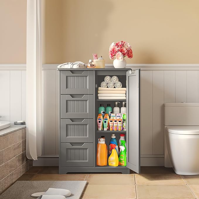 Gizoon Small Pantry with Door and Shelves, 33'' Kitchen Pantry Cabinet Freestanding Wooden Bathroom Storage Cabinet with 4 Drawers for Kitchen and Dining Room, Gray