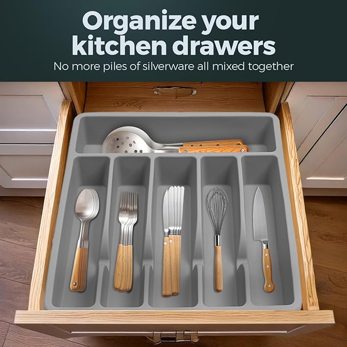 Pantrymade Silicone Silverware Drawer Organizer – Non-Slip Utensil Holder for Kitchen Drawers | Cutlery Tray for Forks, Knives, Spoons & More | Durable, BPA-Free, Easy to Clean – Gray