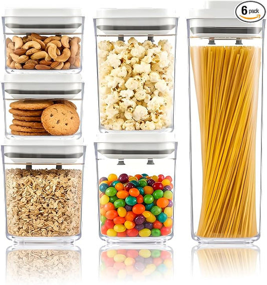 Pop Top Food Storage Container Set | 6Pcs Airtight Cereal Storage Organizer Canisters with Pop Lids, BPA-Free, Vacuum Seal & One-button Opening, Stackable Pantry Containers for Dry Food Storage