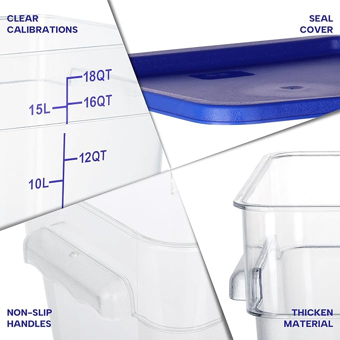 BIEAMA 4 Pack Food Storage Containers, 18 Quart Square Commercial Food Containers with Lids, NSF, Polycarbonate, Clear