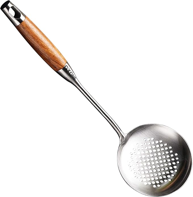 GXONE Slotted Spoon,304 Stainless Steel Skimmer Spoon with Heat Resistant Wooden Handle,Silver/15.8Inch