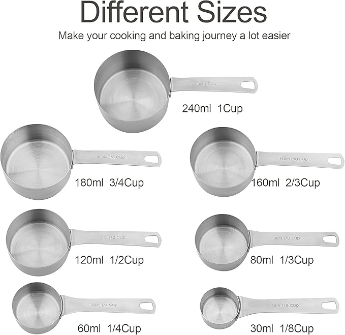 Smithcraft Measuring Cups and Spoons Set, Stainless Steel Measuring Cups, 18/8(304) Material Heavy Duty 7 Measuring cups and 8 Measuring Spoons 1 Leveler and 2 rings
