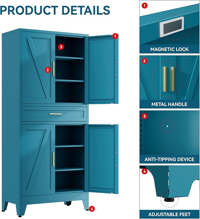 YNIQUESTLE 71" Tall Farmhouse Pantry Cabinet,Metal Cabinet with Adjustable Shelves and Doors,Storage Cabinet for Kitchen Garage,Blue