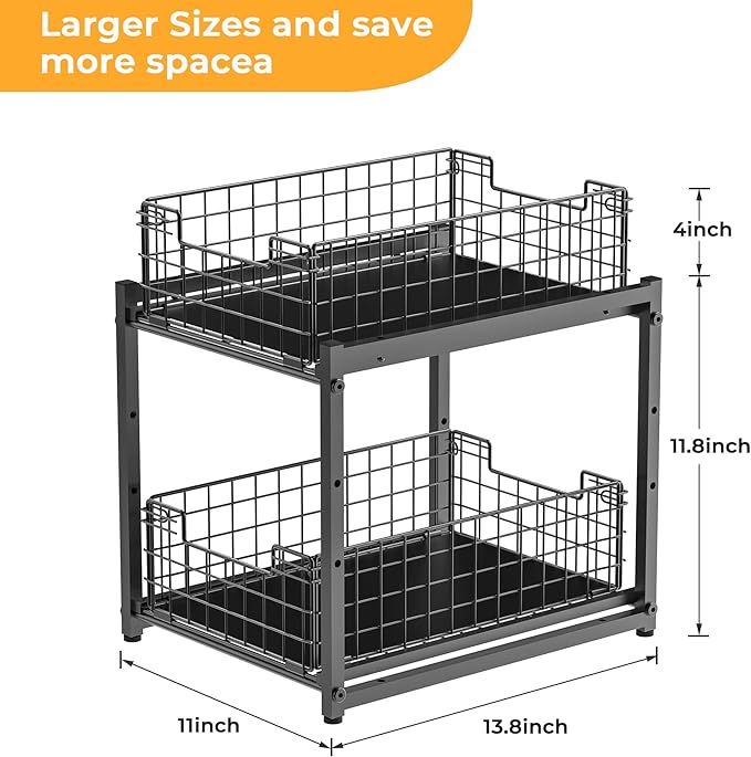 SILUB Under Sink Organizer, 2-Tier Pull Out Cabinet Organizer, Adjustable Height Bathroom Organizer and Storage, Spice Rack for Kitchen, Sliding Drawers Shelves 13.8×11×15.8 Inch (1 Pack)
