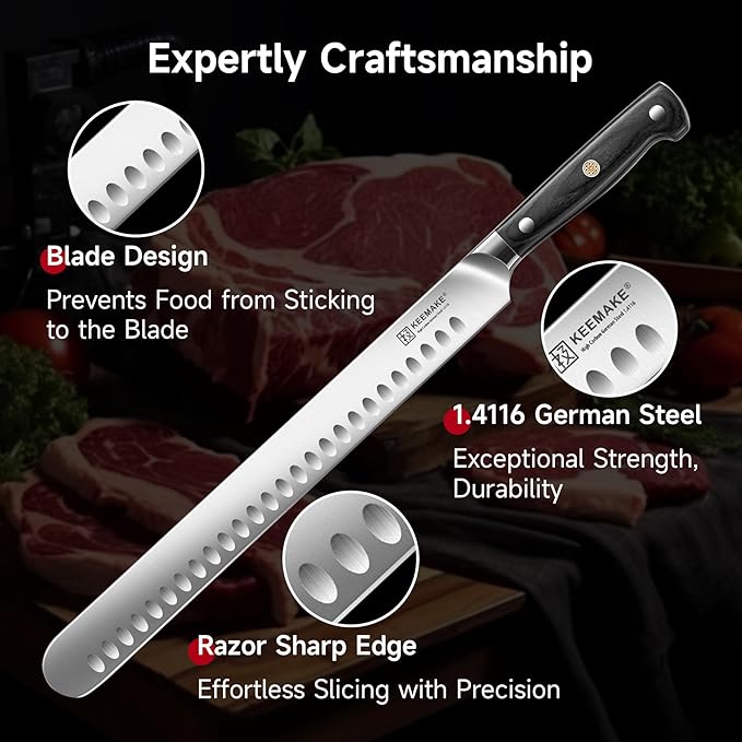 KEEMAKE Brisket Knife 12 Inch Carving Knife, Razor Sharp Slicing Knives for Meat, BBQ Knives with Ergonomic Full Tang Pakkawood Handle for Meat Cutting Roasts Turkey