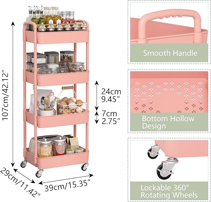 Sywhitta 4-Tier Plastic Rolling Utility Cart with Handle, Multi-Functional Storage Trolley for Office, Living Room, Kitchen, Movable Storage Organizer with Wheels, Pink