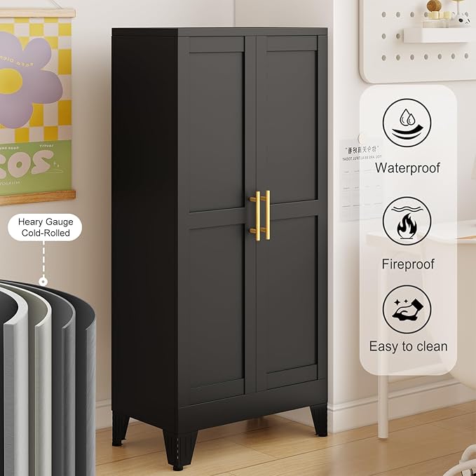 erosoei 51" H Metal Kitchen Pantry Storage Cabinet,Storage Cabinets with Doors and Adjustable Shelves,Freestanding Food Pantry Cabinet Cupboard for Living Room,Dinning Room (Black)